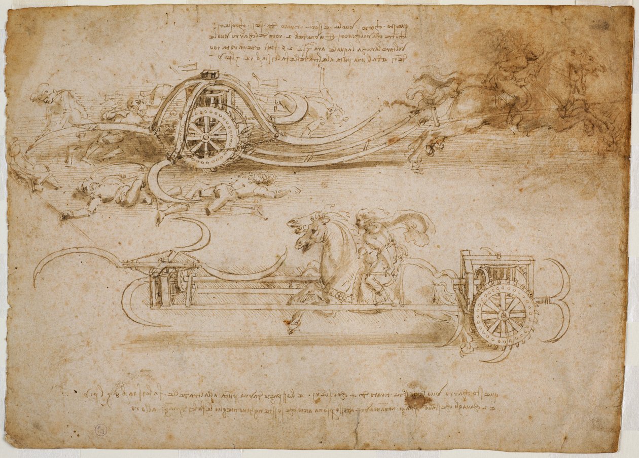 Estudios de tanques de asalto con guadañas de Leonardo da Vinci