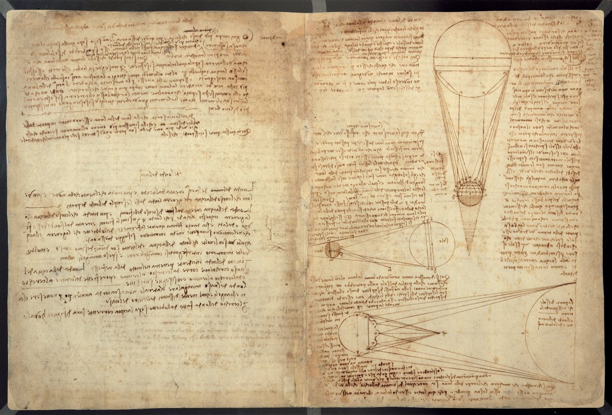 Estudios de la iluminación de la luna, una página del Códice Leicester, 1508-12 de Leonardo da Vinci