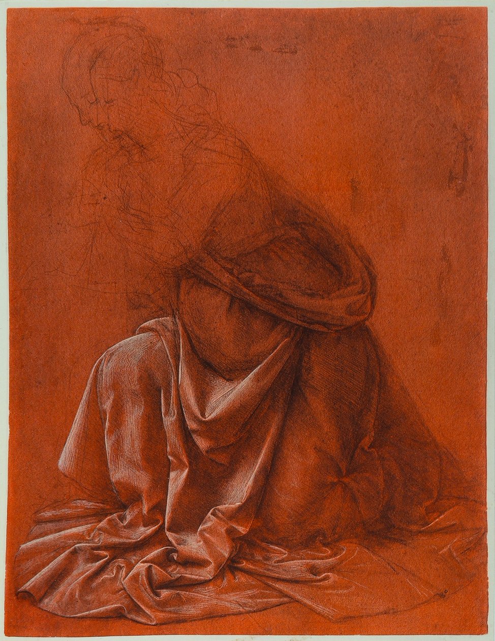 Estudio para los pliegues del vestido de una figura femenina; dibujo en plata y lavado realzado con blanco sobre papel rojo, de Leonardo da Vinci. Galleria Nazionale d