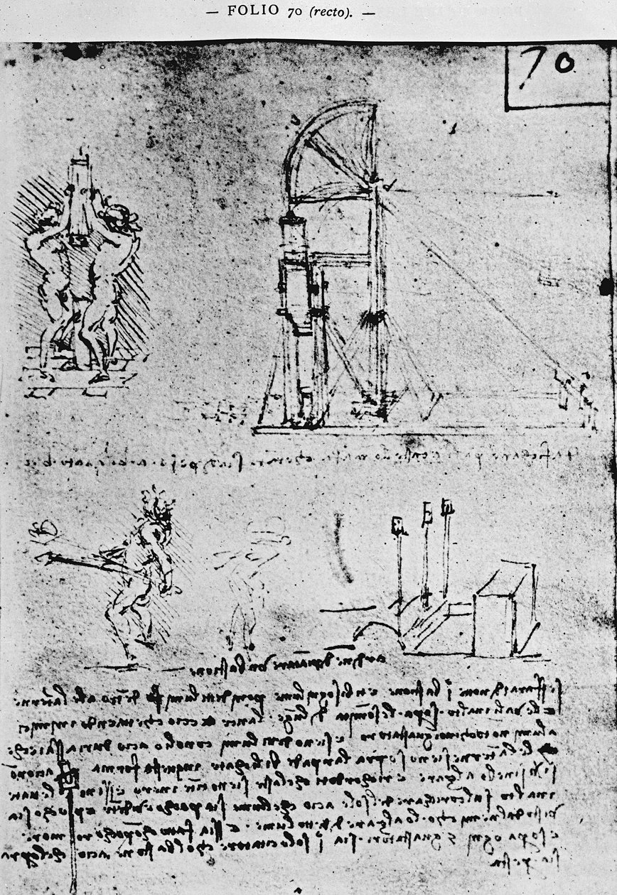 Sugerencias sobre cómo construir un bastión por la noche, fol. 70r del Manuscrito de París B, 1488-90 de Leonardo da Vinci
