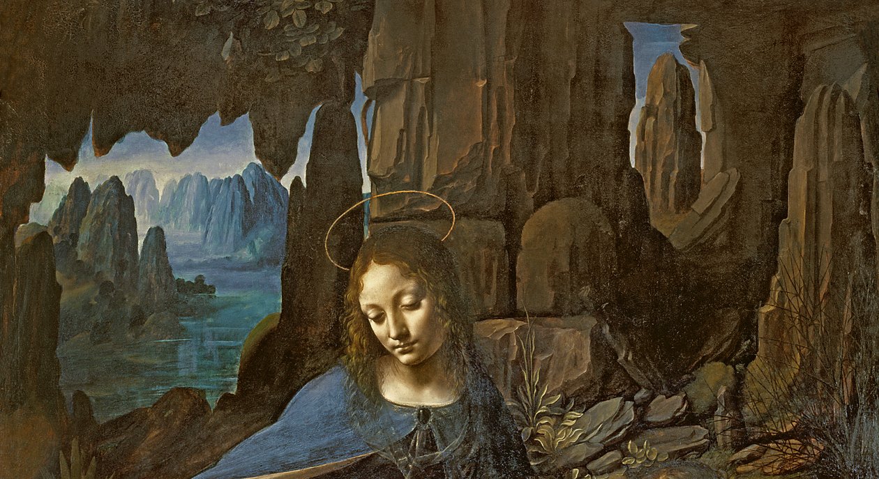 La Virgen de las Rocas con el Niño San Juan adorando al Niño Jesús acompañado por un ángel (detalle) de Leonardo da Vinci