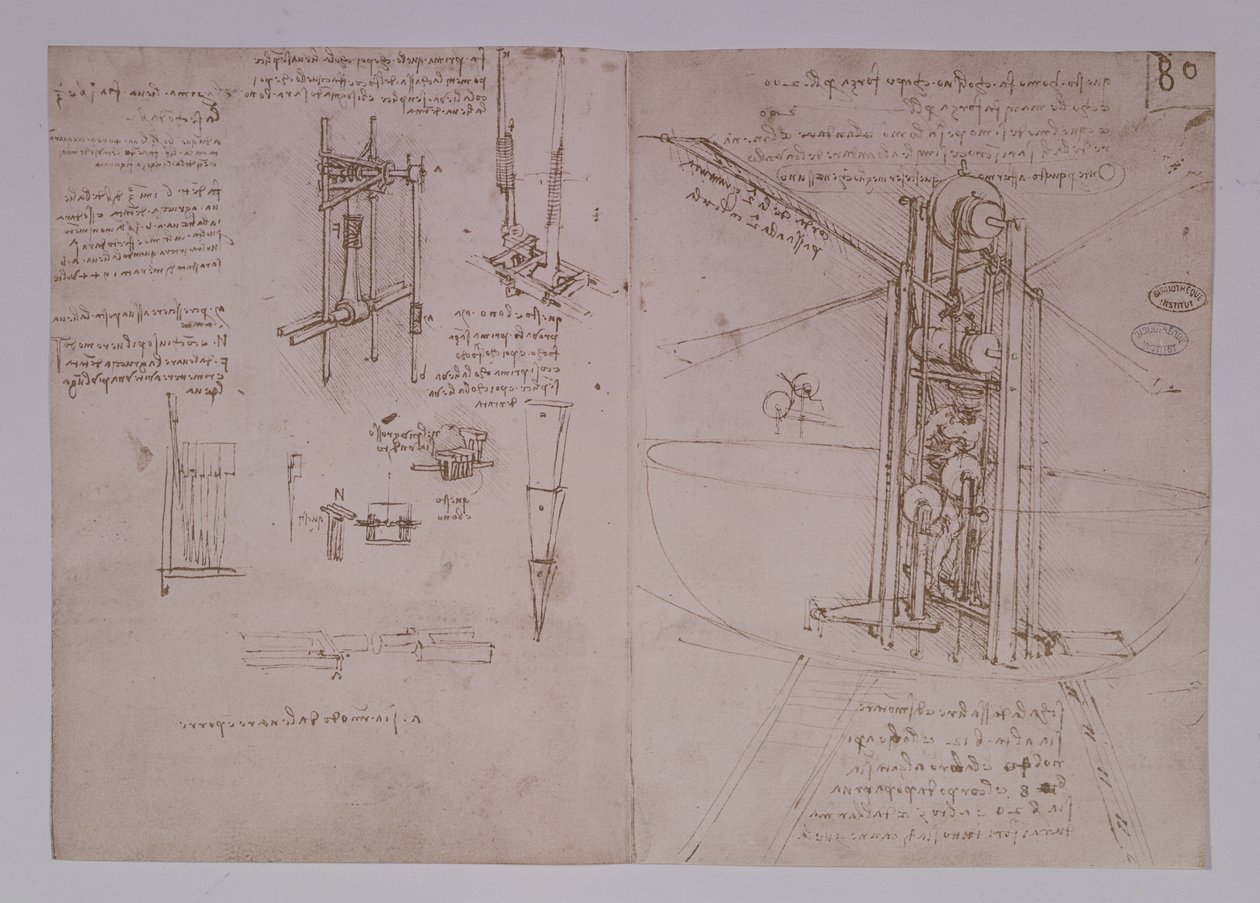 Máquina voladora con alas de pájaro en posición vertical, fol. 80r del Manuscrito de París B, 1488-90 de Leonardo da Vinci
