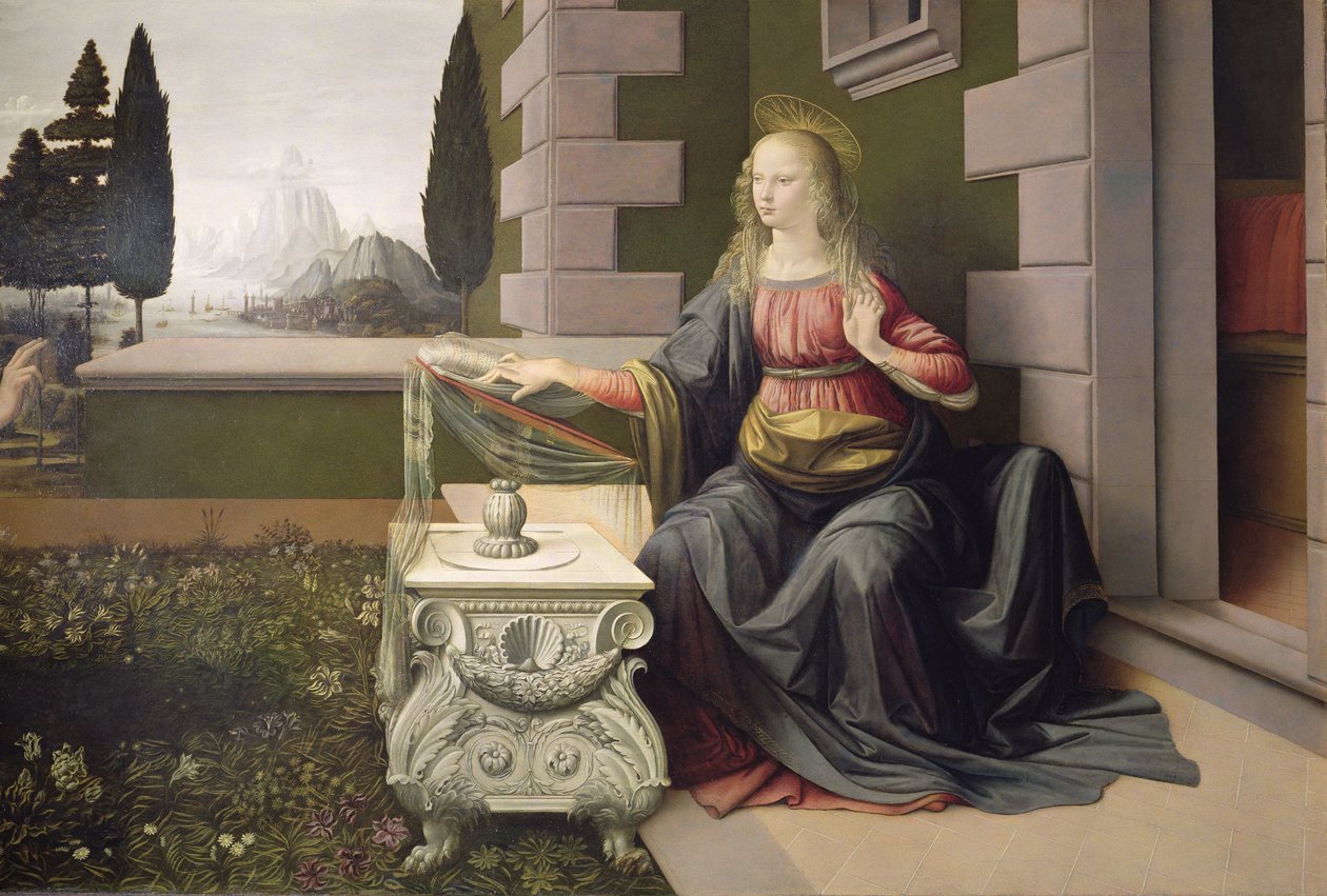 Virgen María, de la Anunciación, 1472-75 (detalle) (post-restauración) de Leonardo da Vinci