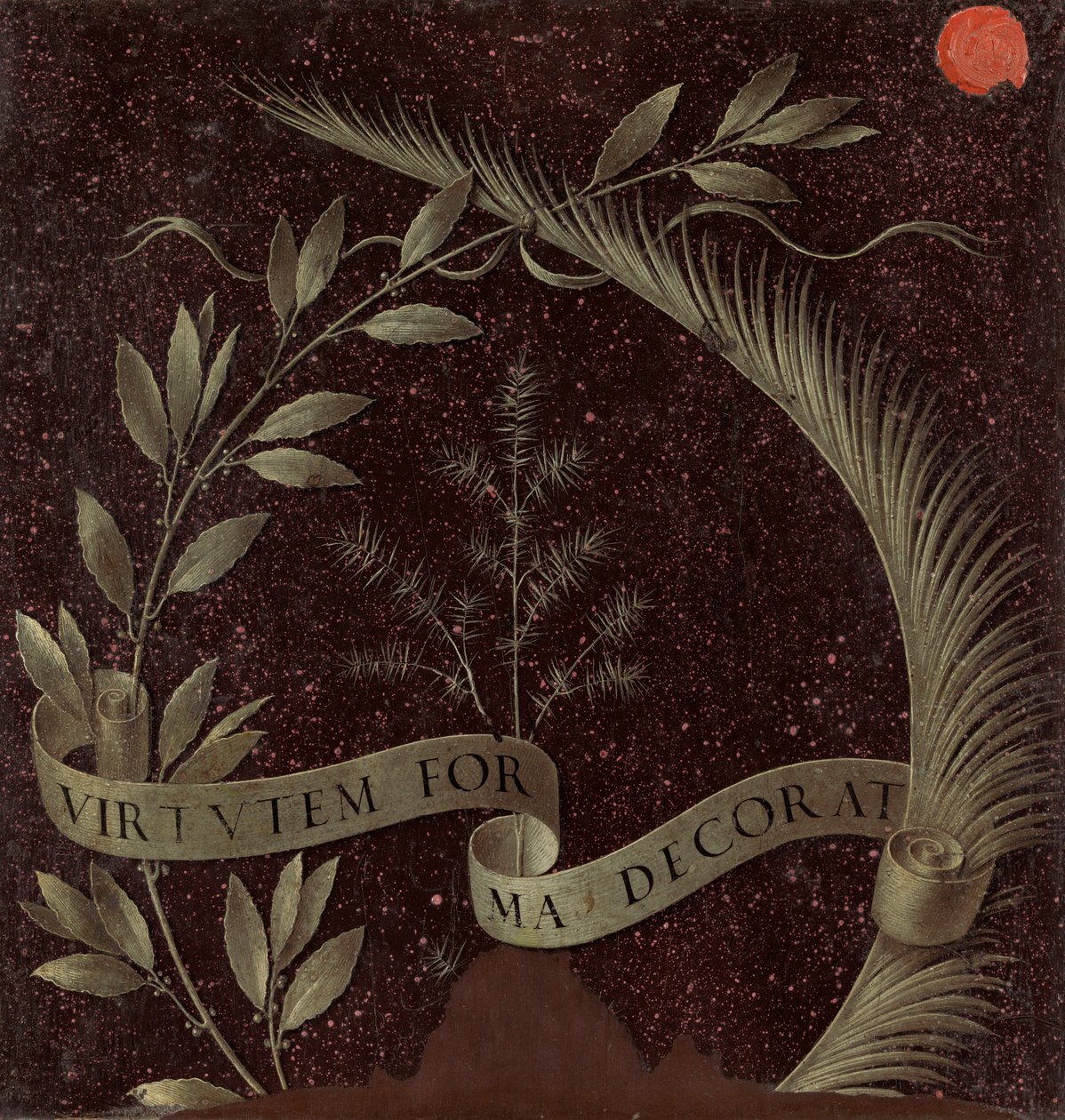 Corona de laurel, palma y enebro con un pergamino inscrito Virtutem Forum Decorat (reverso) de Leonardo da Vinci