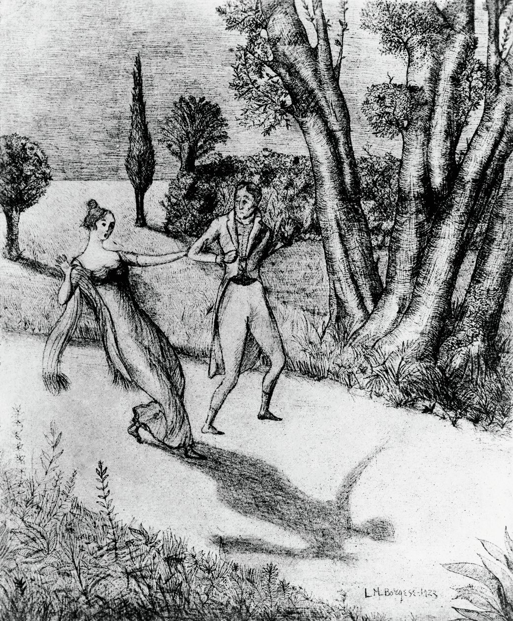 Peter, terrorífico hombre sin sombra, ilustración para La historia milagrosa de Peter Schlemihl, novela de Adalbert von Chamisso (1781-1838), litografía según pintura de Leonardo Borgese (1904-1986), publicada por Modiano. de Leonardo Borgese