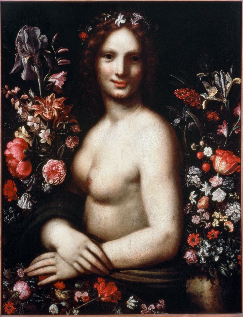 Busto de una joven llamada Flora entre las flores (detalle) de Leonardo da (after) Vinci