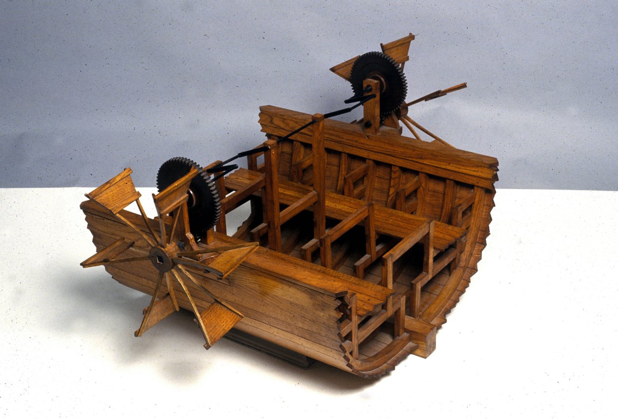 Barco de propulsión con ruedas. Modelo del dibujo de Leonardo da Vinci. Museo de Ciencia y Tecnología, Milán. de Leonardo da (after) Vinci