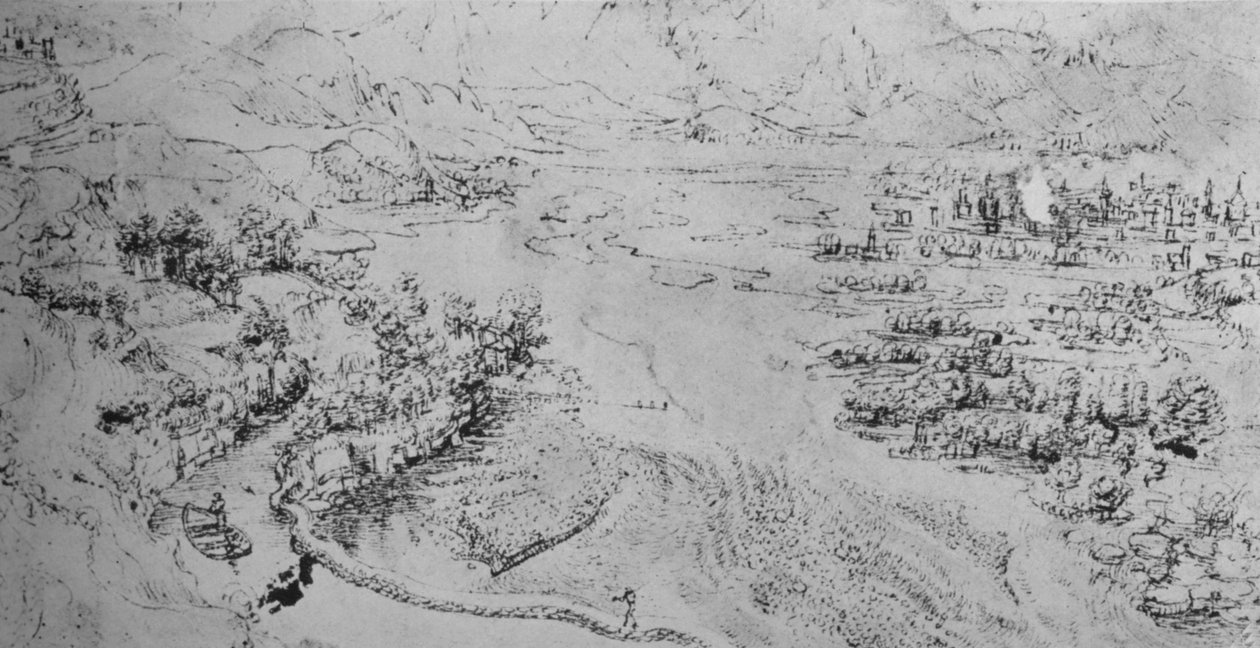 Un río ancho con un canal al lado, c1480 de Leonardo da Vinci
