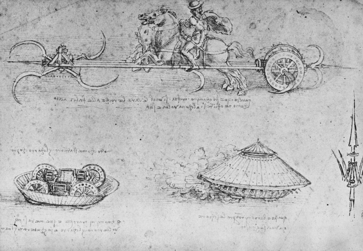 Un carro armado con guadañas, dos dibujos de una especie de tanque y una partisana, c1480 1945 de Leonardo da Vinci
