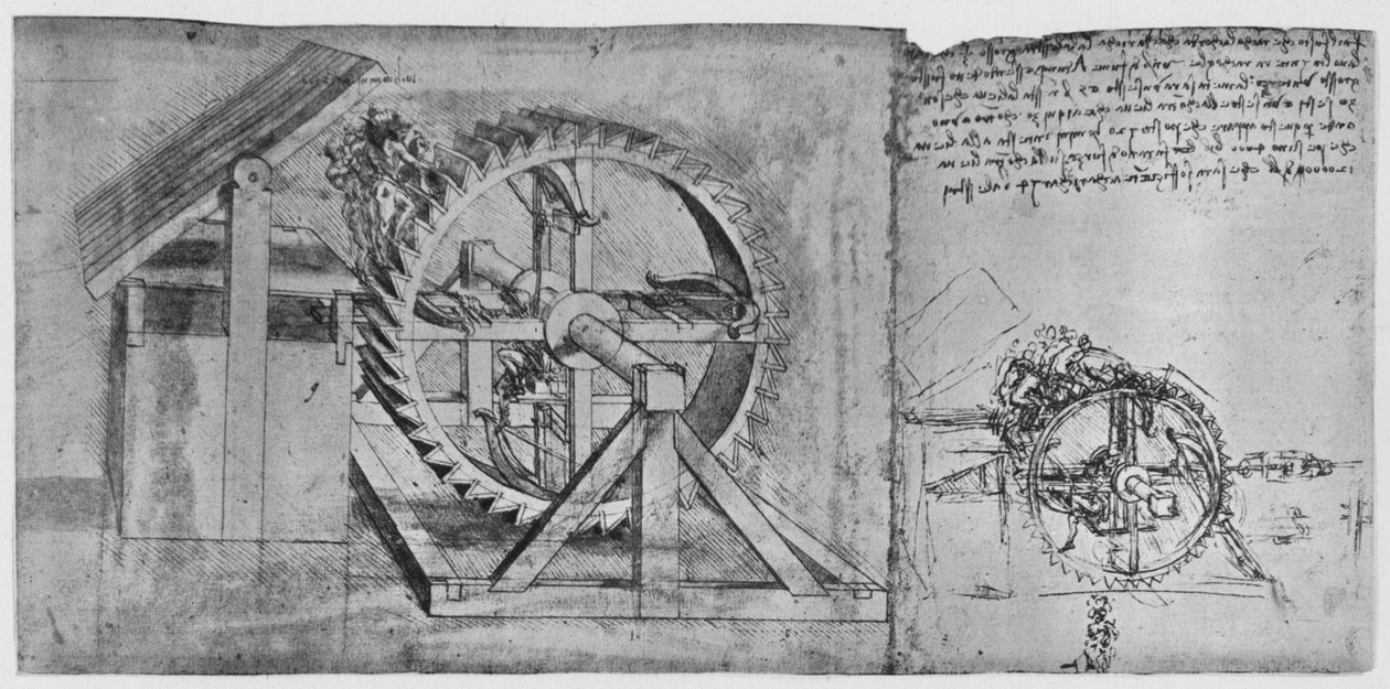 Una gran rueda que se resuelve y dispara cuatro ballestas en sucesión, c1480 de Leonardo da Vinci