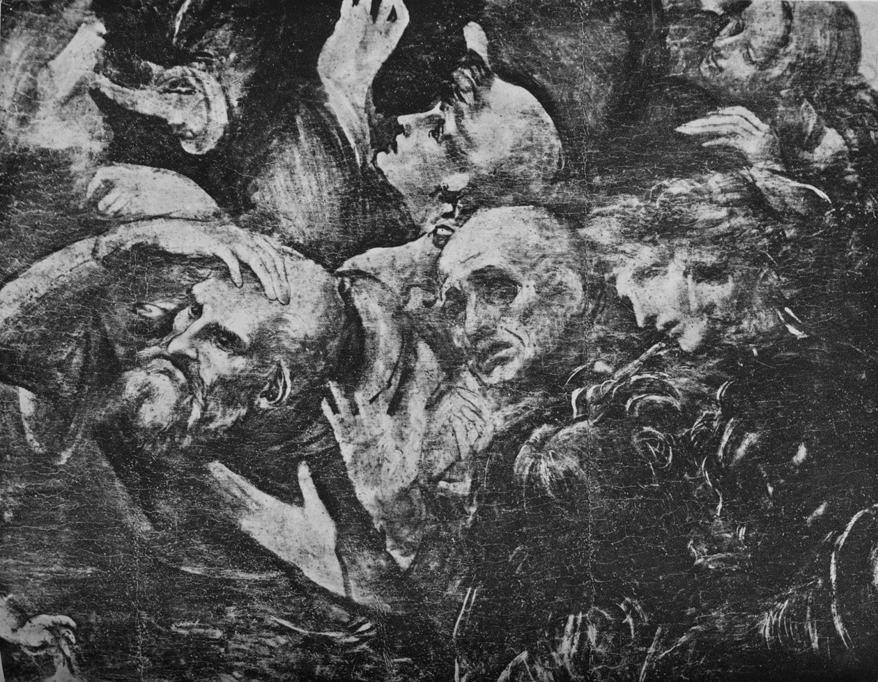 Adoración de los Magos - Cabezas del grupo detrás del rey arrodillado a la derecha, c1481 de Leonardo da Vinci