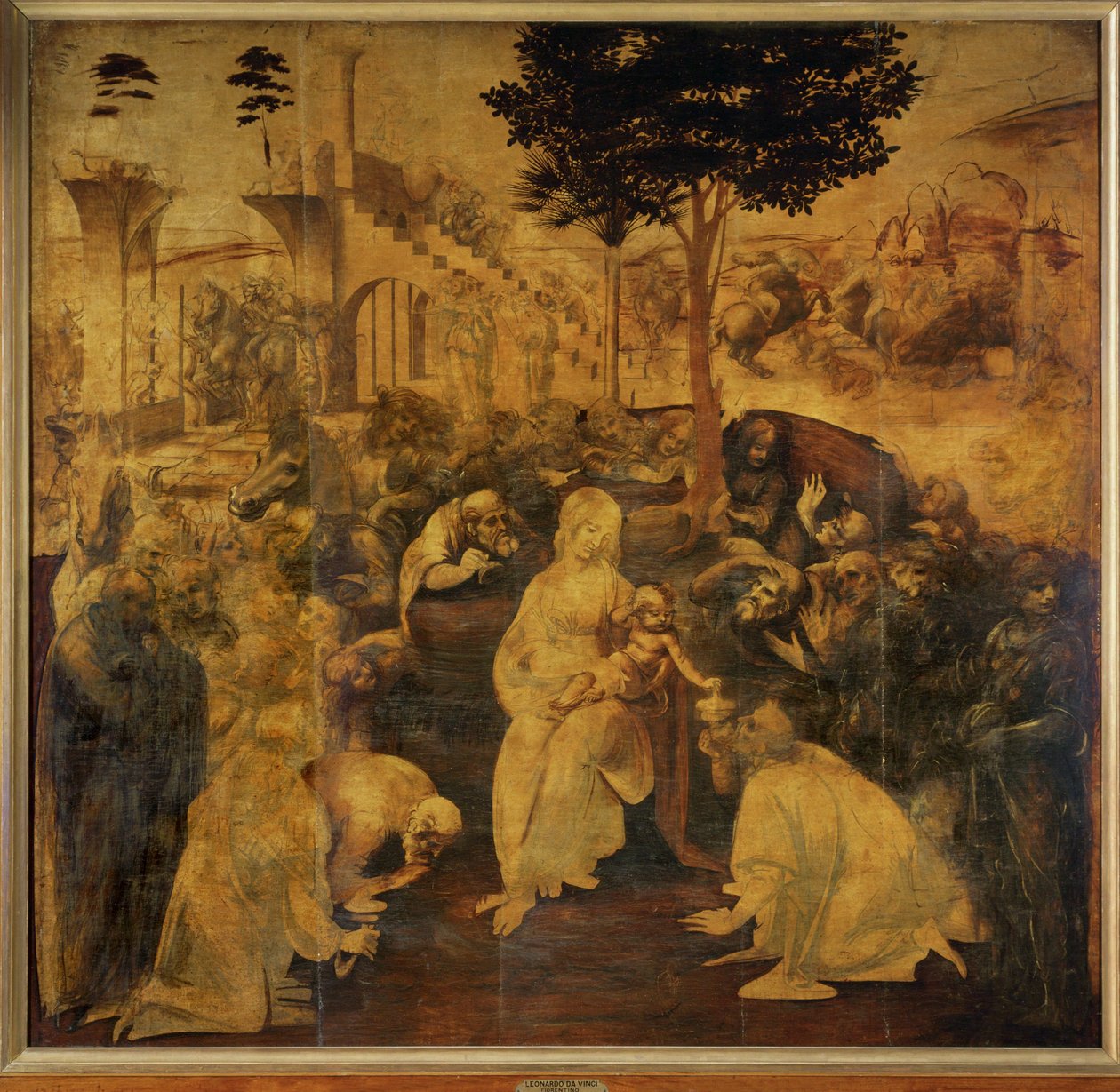 Adoración de los Reyes Magos, inacabada (capa inferior de pintura sobre madera) de Leonardo da Vinci