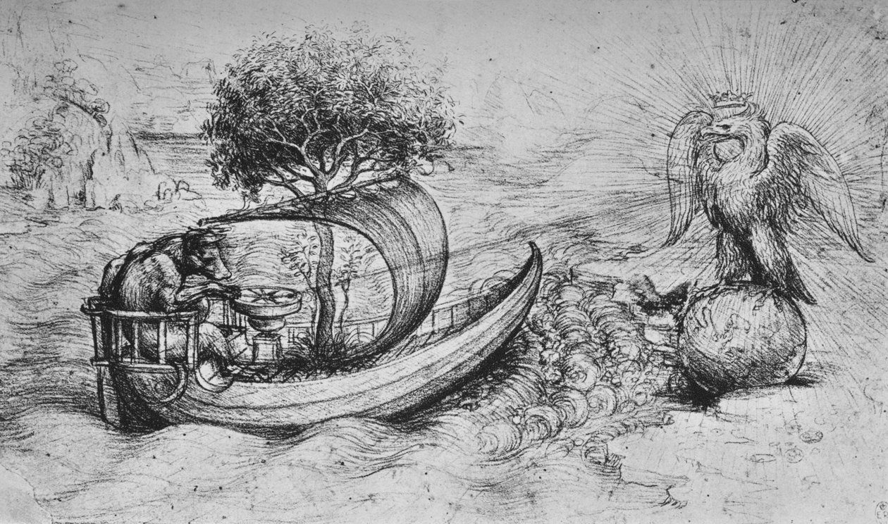 Alegoría: Un águila coronada de pie sobre un globo y un lobo dirigiendo un barco, c1480 1945 de Leonardo da Vinci