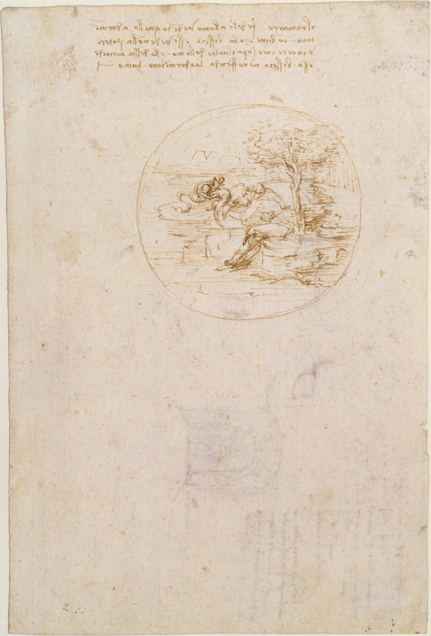 Alegoría sobre la fidelidad del lagarto (anverso); Boceto para una escenografía (reverso) de Leonardo da Vinci