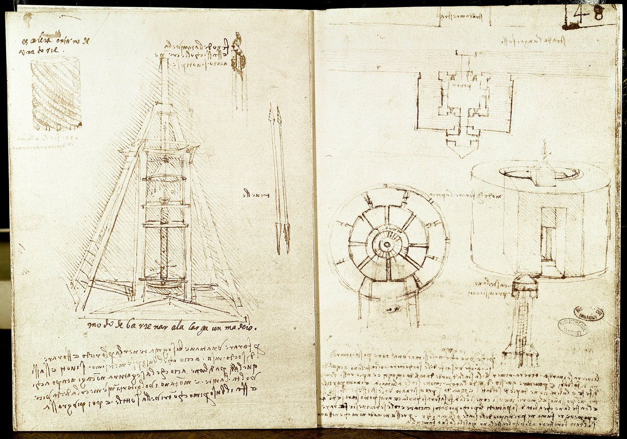 Arquitectura y arte militar: página izquierda: escalera de caracol alrededor de una torre. Perforación de una viga. Página derecha: plano de entrada de una ciudad fortificada. Plano y elevación de una torre circular fortificada en el mar. Manuscrito de Leo de Leonardo da Vinci