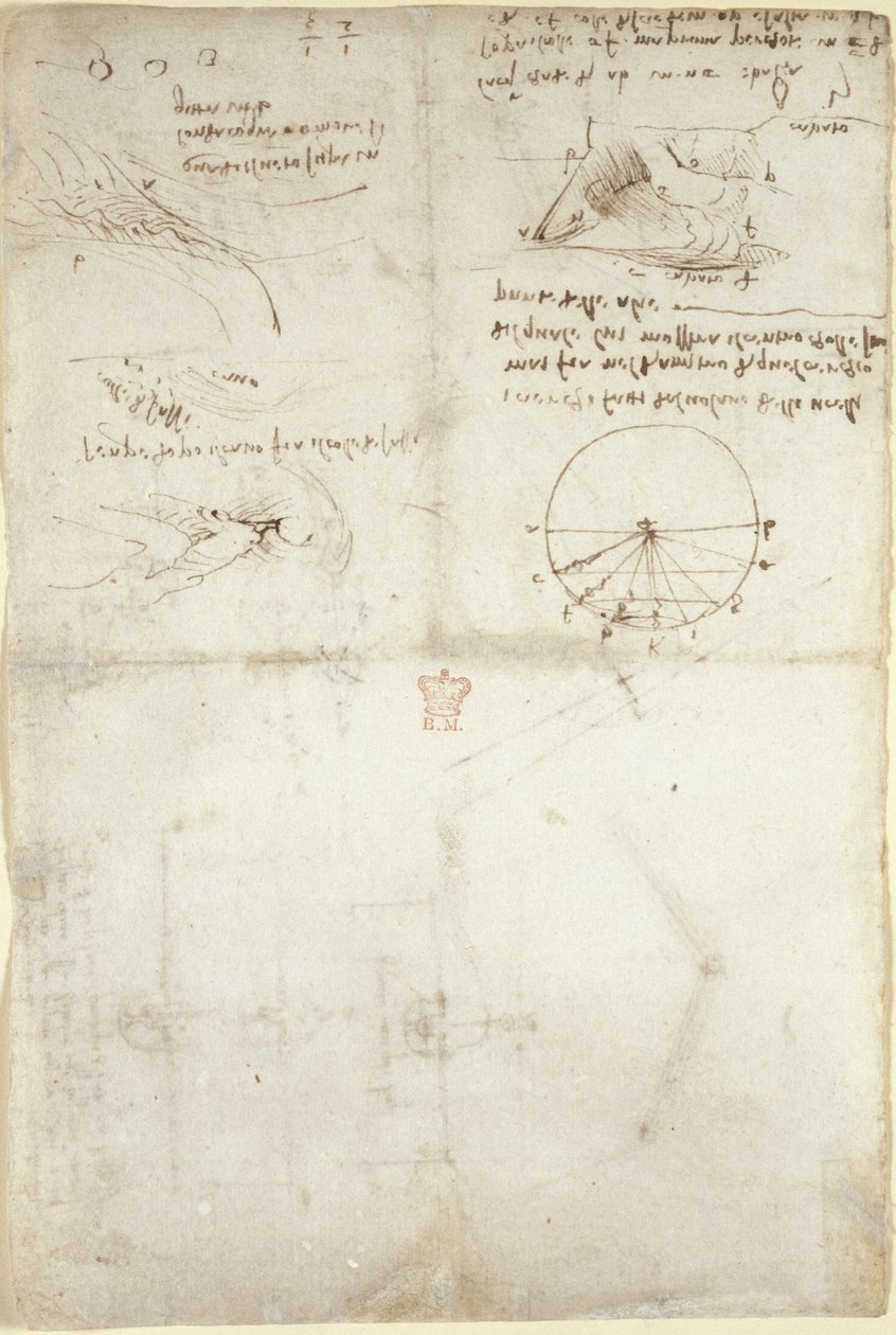Arundel 263, f.126v Tres notas y bocetos sobre el agua; un diagrama sobre el vuelo de los pájaros, c.1500-5 (pluma y tinta sobre papel) de Leonardo da Vinci