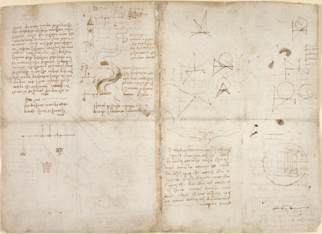 Arundel 263, f.135v, f.134, Apuntes y esquemas de mecánica; notas y bocetos esquemáticos sobre los cursos de los ríos y el flujo de agua, de 