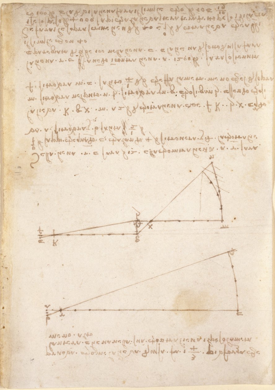 Arundel 263, f.214 Dibujos sobre las potencias y fuerzas mecánicas, percusión, gravedad, movimiento, óptica y astronomía, con diversas proposiciones aritméticas y geométricas (pluma y tinta sobre papel) de Leonardo da Vinci