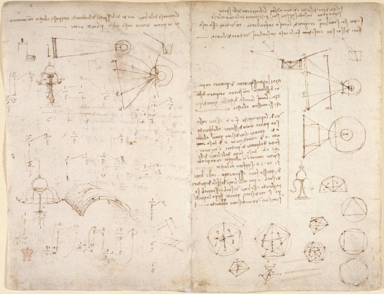 Arundel 263, f.221v, f.220 Notas, diagramas y bocetos del 