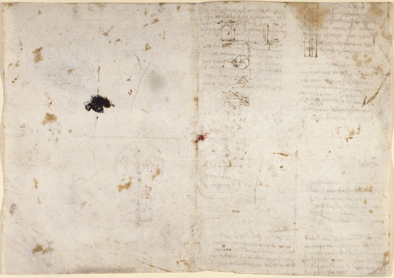 Arundel 263, f.225v, f.230 Dibujos sobre las potencias y fuerzas mecánicas, percusión, gravedad, movimiento, óptica y astronomía, con diversas proposiciones aritméticas y geométricas (pluma y tinta sobre papel) de Leonardo da Vinci