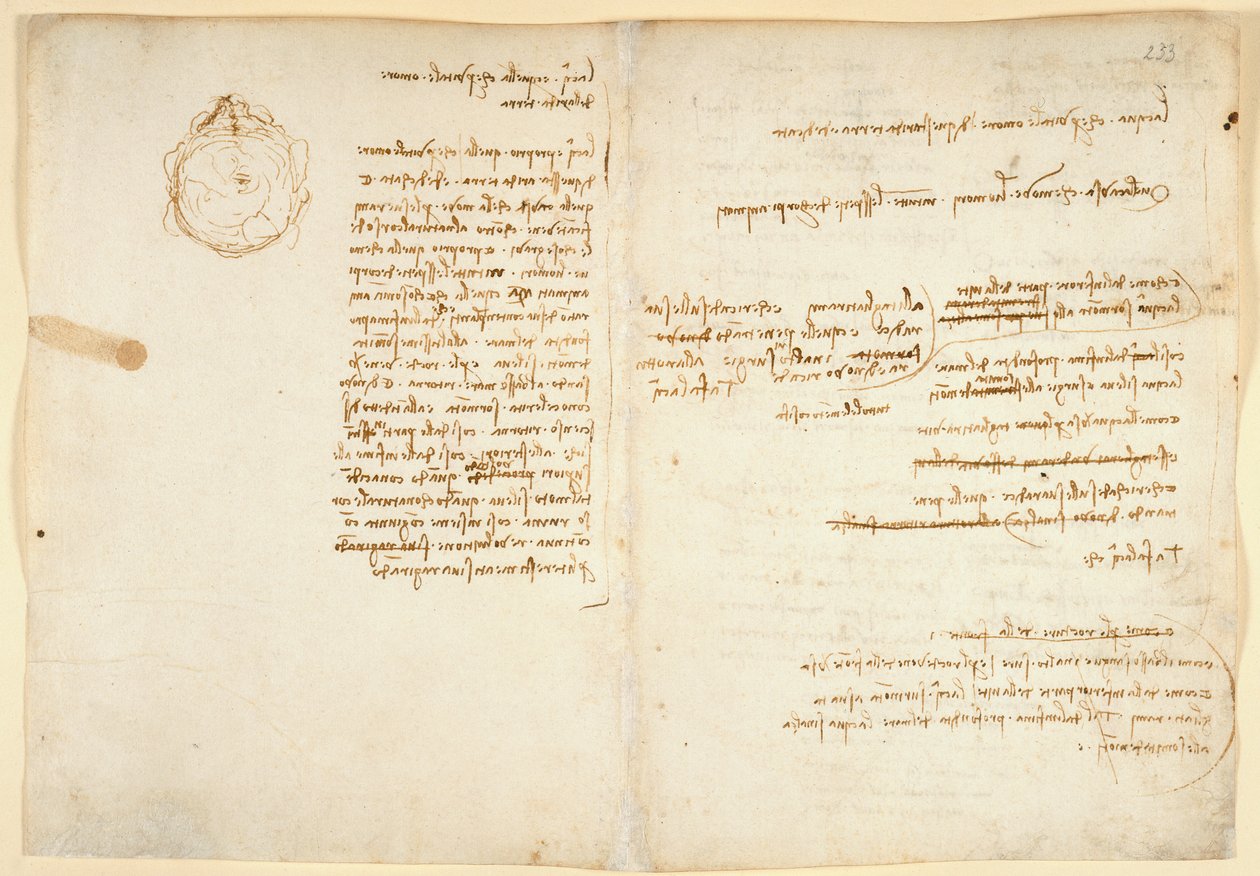 Arundel 263 f.236v, f.233 Notas sobre el agua; boceto que ilustra el globo terrestre, del 