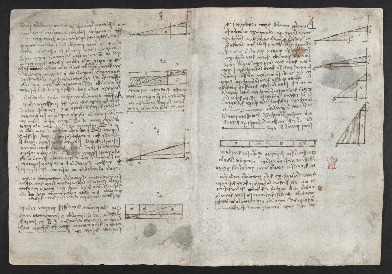 Arundel 263, f.246v Dibujos sobre las potencias y fuerzas mecánicas, percusión, gravedad, movimiento, óptica y astronomía, con varias proposiciones aritméticas y geométricas, ilustración del 