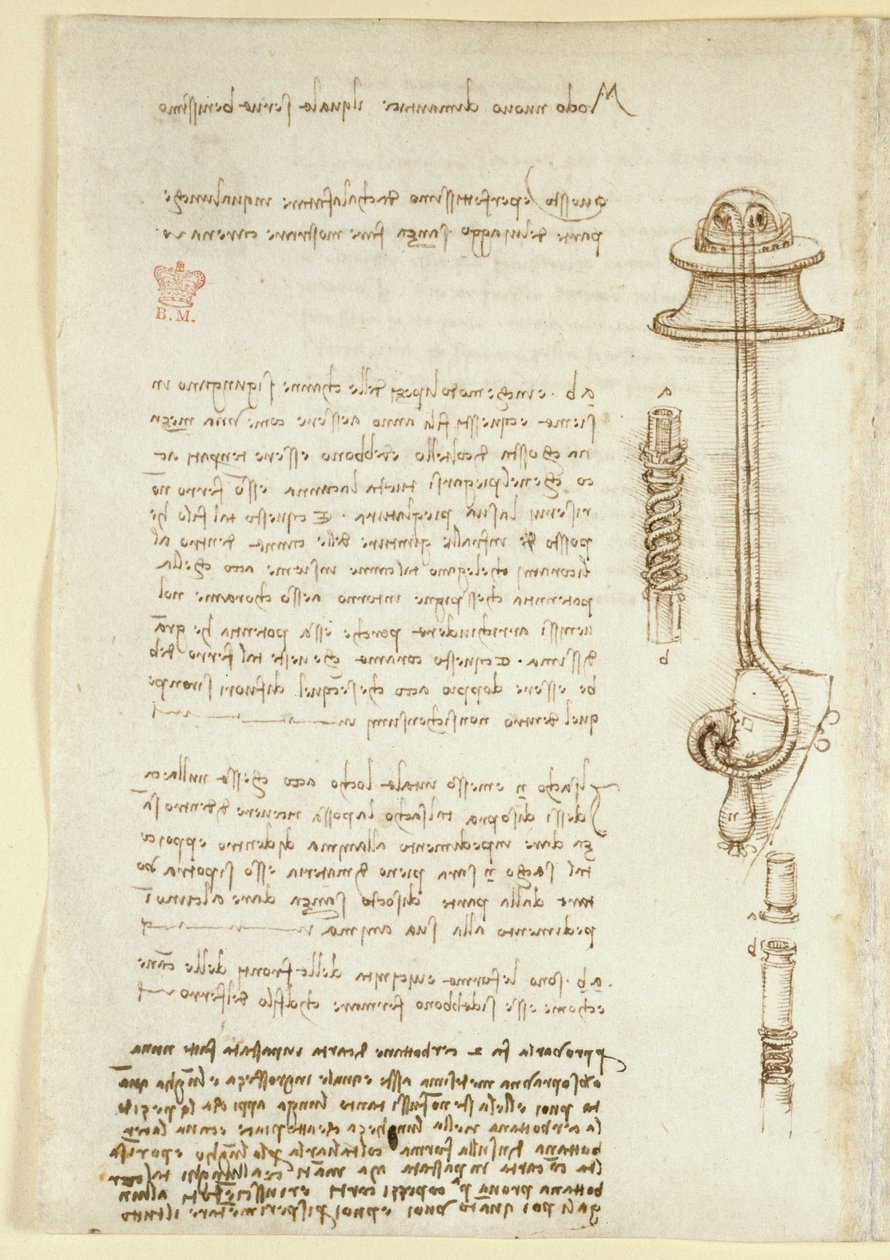 Arundel 263, f.24v Notas y bocetos que ilustran el estudio de Leonardo del aparato de respiración para un buzo (1508), del 