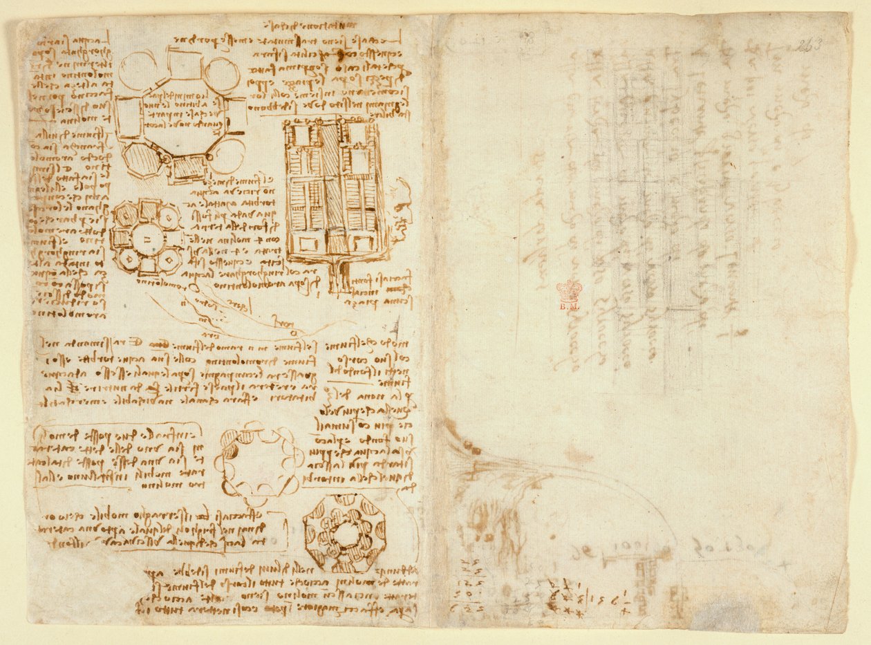 Arundel 263 f.270v, f.263, Dibujos de Leonardo Da Vinici sobre las potencias y fuerzas mecánicas, la percusión, la gravedad, el movimiento, la óptica y la astronomía, con diversas proposiciones aritméticas y geométricas (pluma y tinta sobre papel) de Leonardo da Vinci