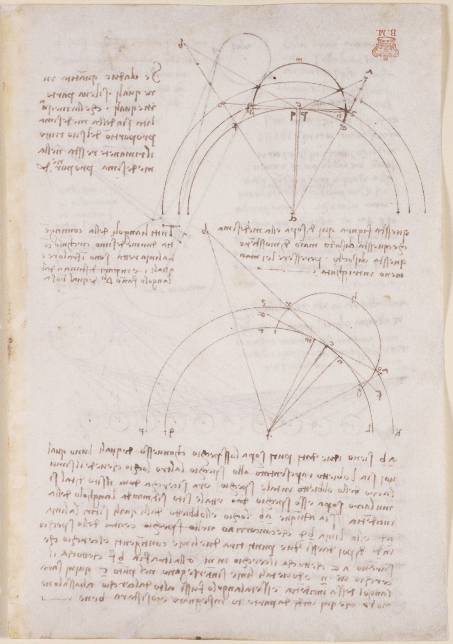Arundel 263, f.28 Apuntes y esquemas geométricos sobre óptica, referentes al problema de Alhazen de Leonardo da Vinci
