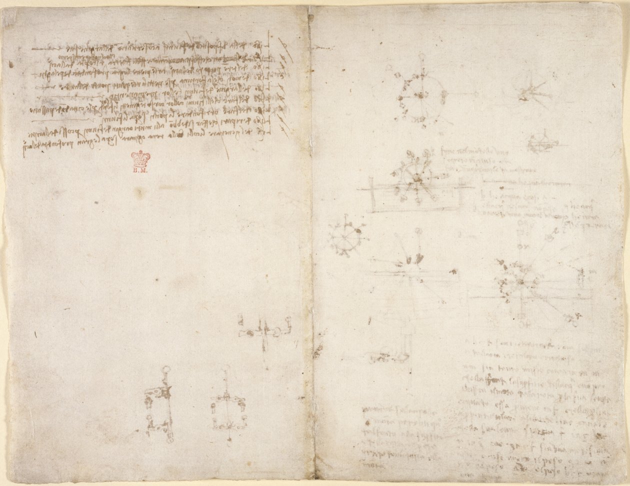 Arundel 263, f.35v, f.34 Dibujos sobre las potencias y fuerzas mecánicas, la percusión, la gravedad, el movimiento, la óptica y la astronomía, con diversas proposiciones aritméticas y geométricas. de Leonardo da Vinci
