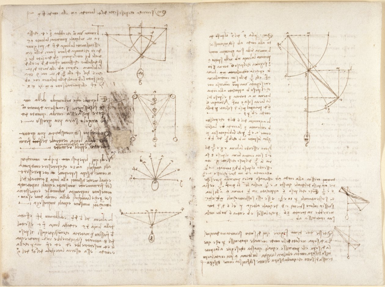 Arundel 263, f.3v, f.12 Apuntes y esquemas de mecánica de Leonardo da Vinci