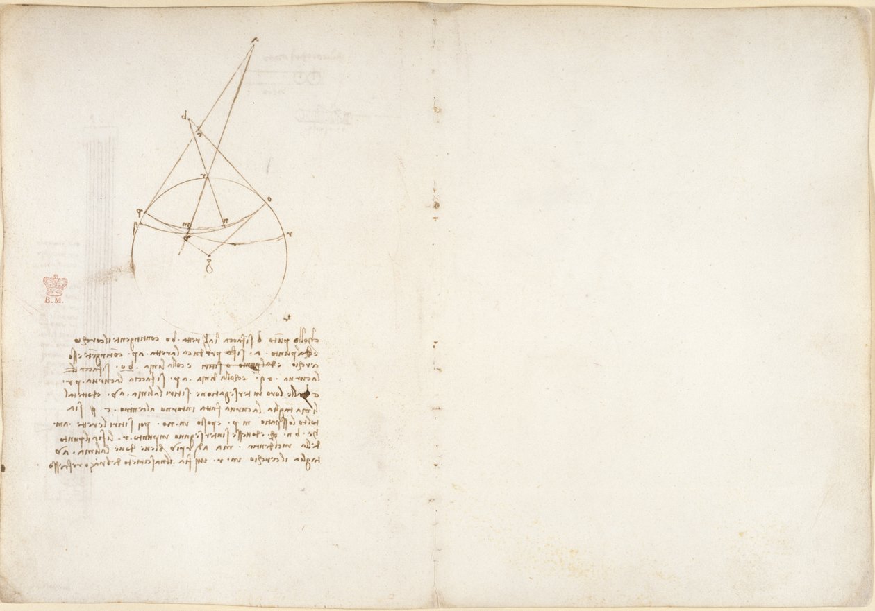 Arundel 263, f.48v, 55, Notas y diagrama sobre óptica, sobre el problema de Alhazen, de 