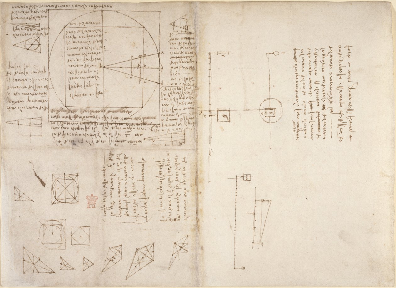 Arundel 263, f.72v, f.69 Notas y diagramas sobre mecánica y el centro de gravedad, de 