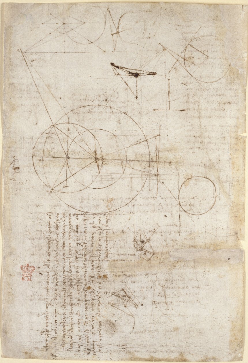 Arundel 263, f.95v Notas y diagramas sobre óptica, a propósito del problema de Alhazen; dos bocetos que representan estructuras de celosía, de 