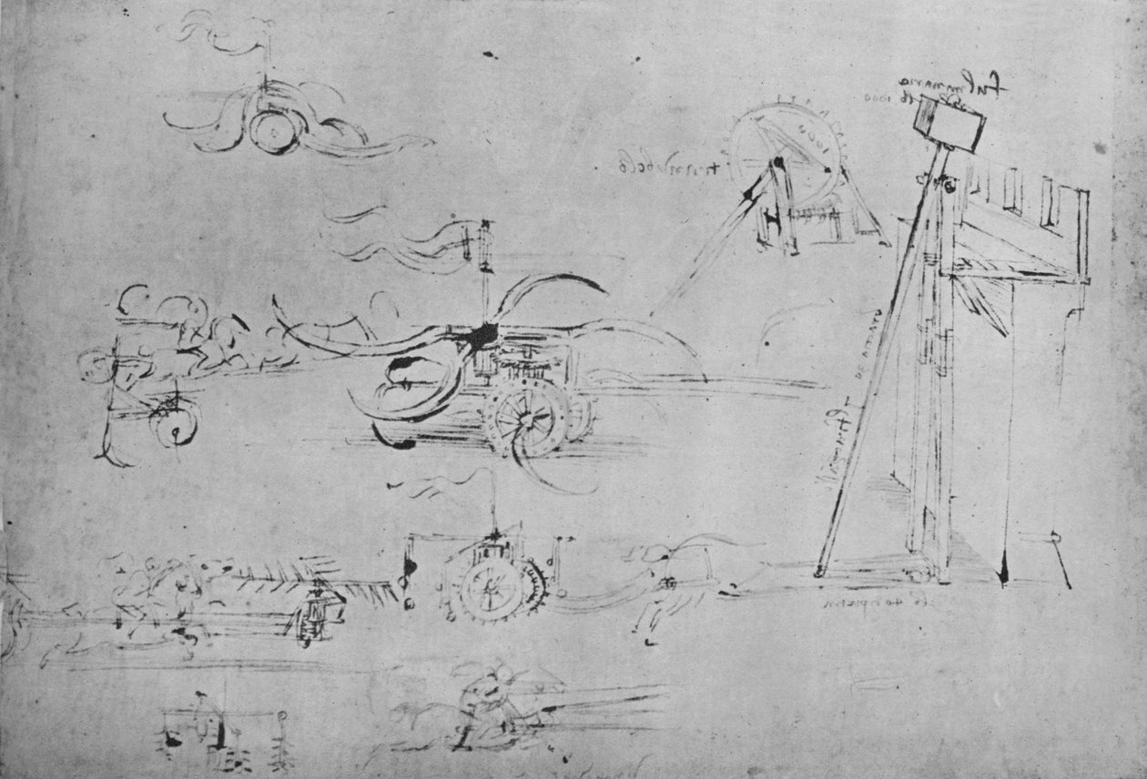 Carros armados con guadañas y mayales y jinete con tres lanzas, c1480, 1945 de Leonardo da Vinci