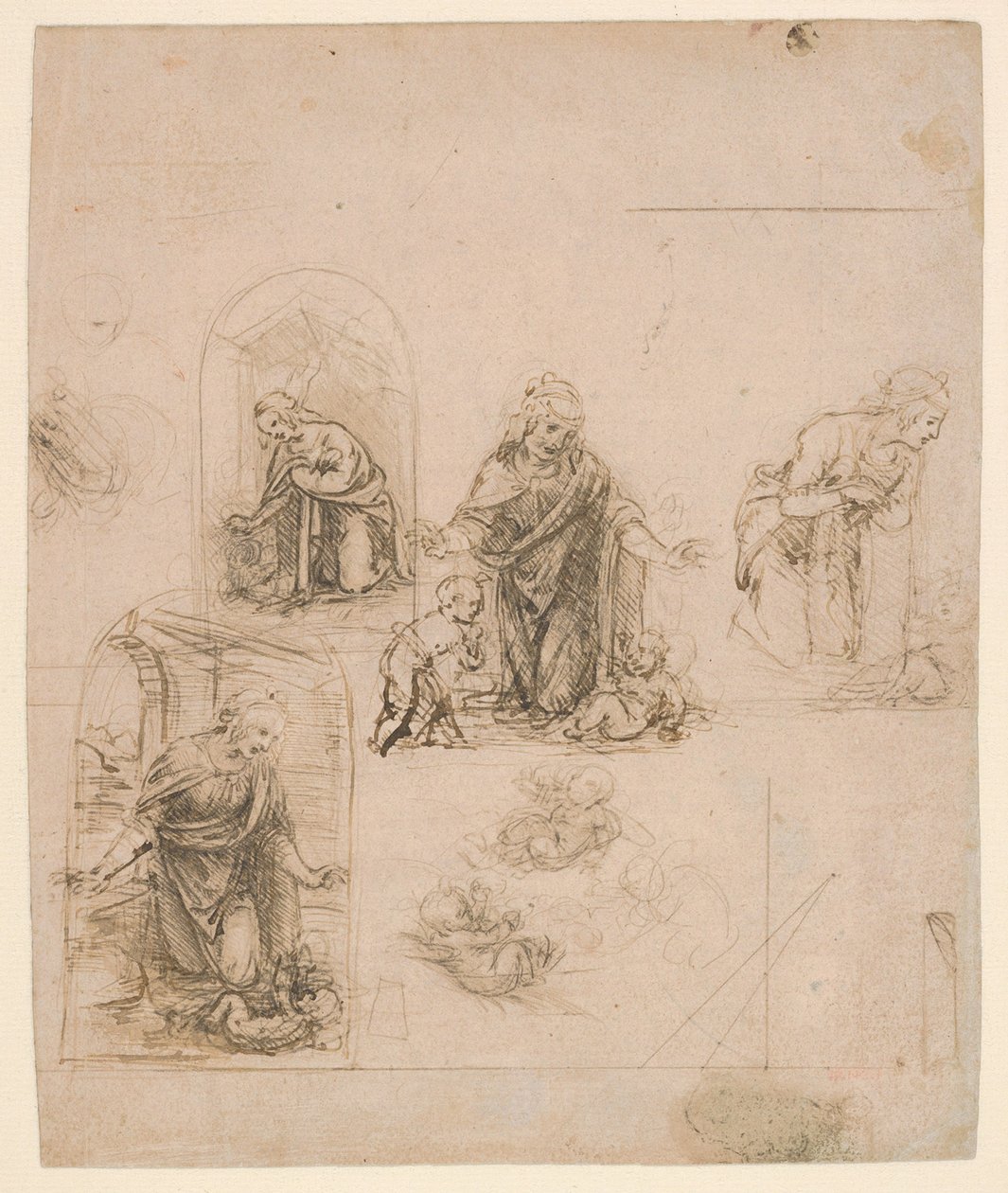 Bocetos Composicionales para la Virgen Adorando al Niño Jesús, 1480-85 de Leonardo da Vinci