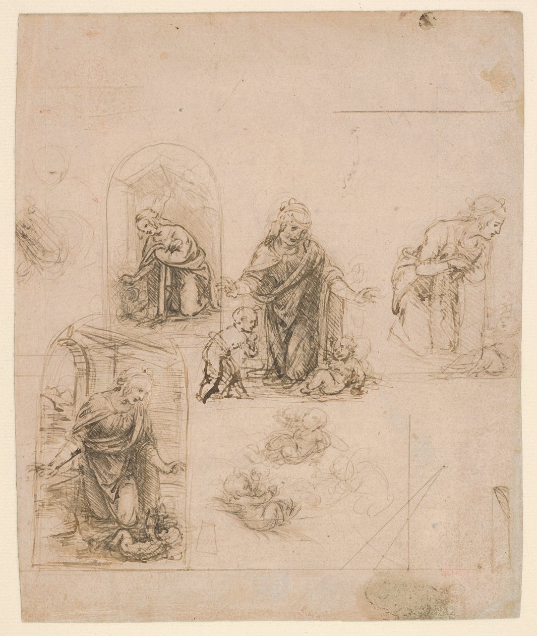 Bocetos compositivos para la Virgen adorando al Niño Jesús, con y sin el pequeño san Juan Bautista; diagrama de una proyección en perspectiva (anverso); leves garabatos (reverso) de Leonardo da Vinci