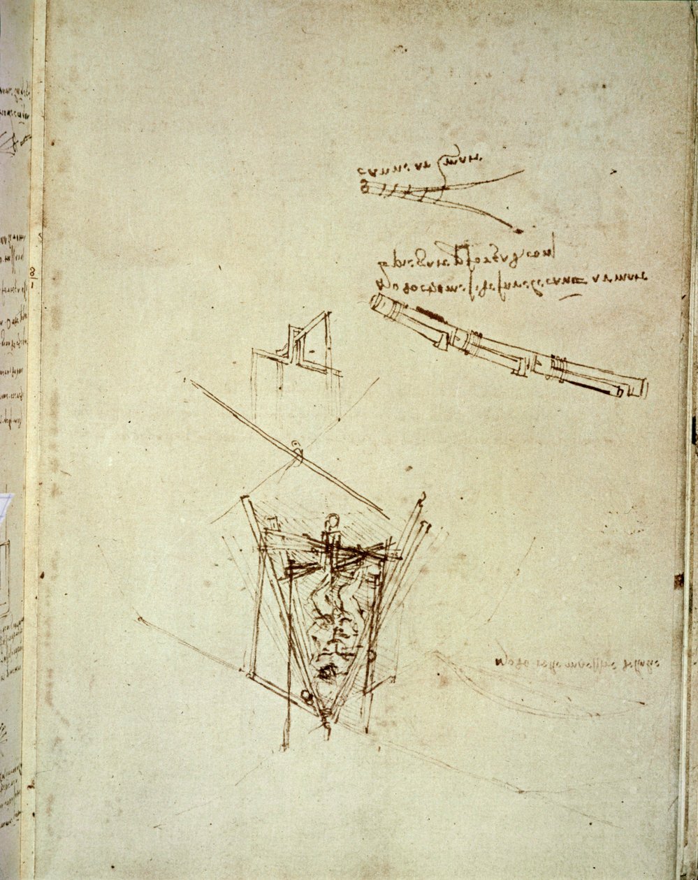 Diseño de una máquina voladora (bolígrafo sobre papel) de Leonardo da Vinci
