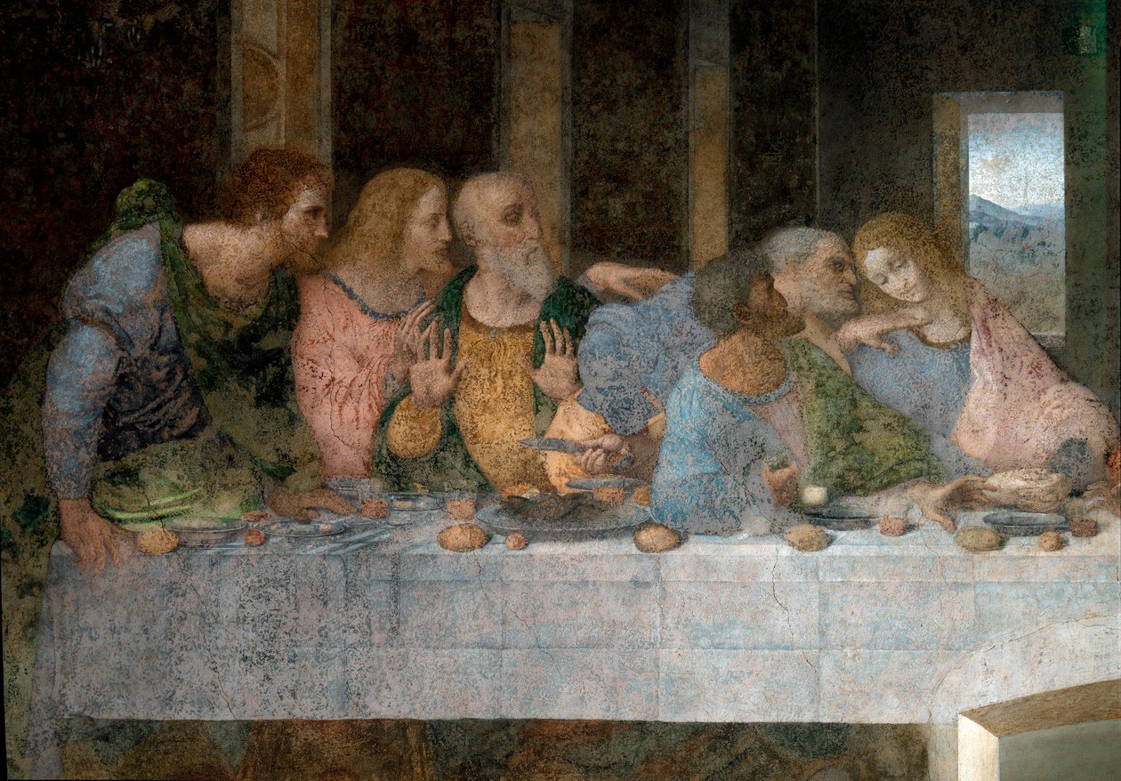 Detalle de La Última Cena representando de izquierda a derecha al apóstol San Bartolomé, Santiago el Menor, Andrés, Judas, Pedro y Juan de Leonardo da Vinci