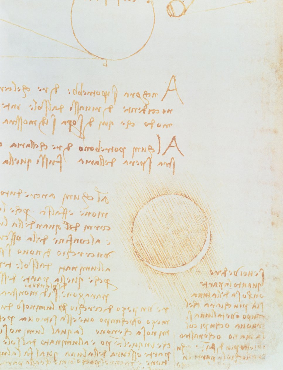 (detalle) del fol. 2r, del Códice Leicester, mostrando la luminosidad exterior de la luna de Leonardo da Vinci