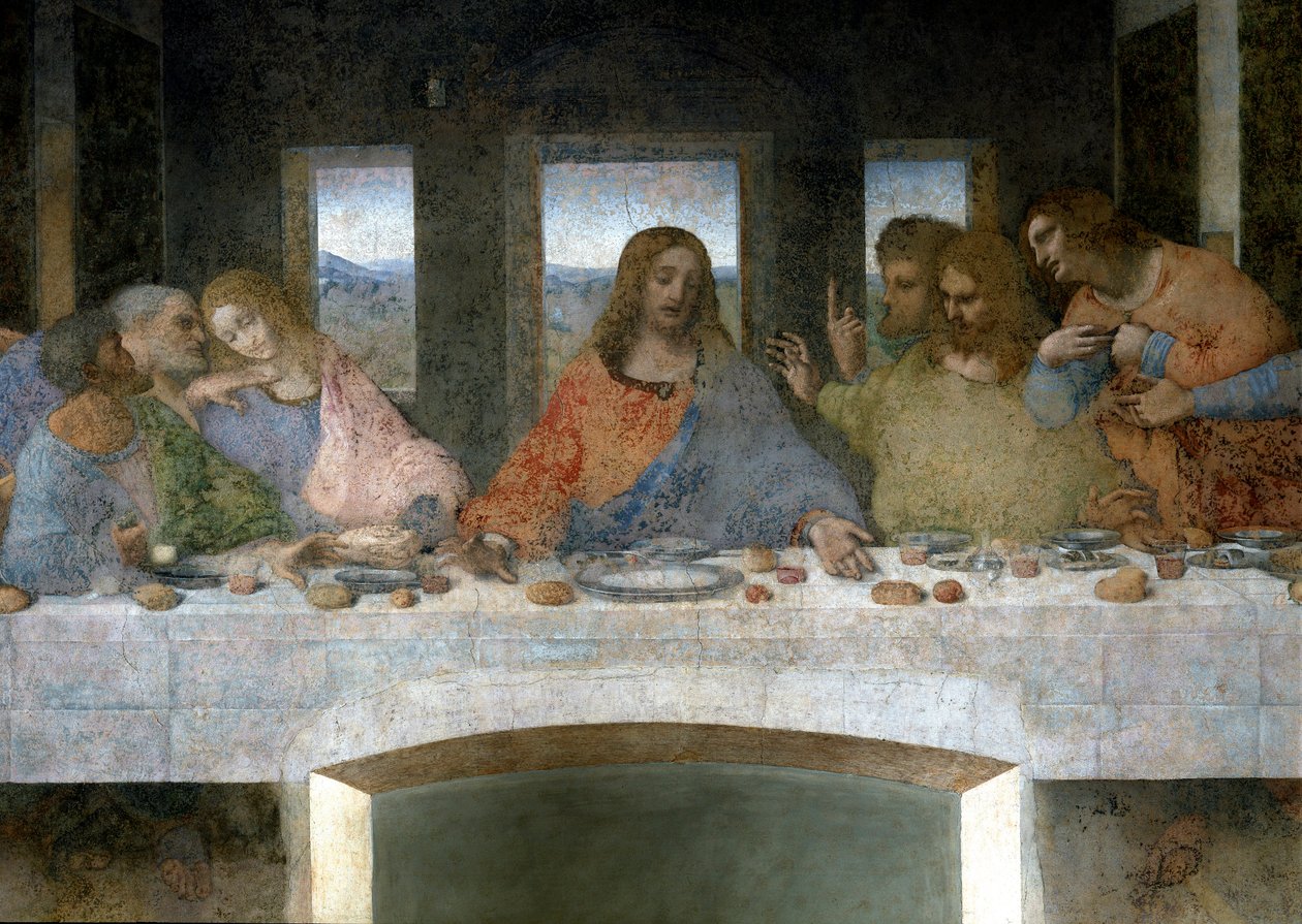 (detalle) de La Última Cena representando a Judas, Pedro y Juan a la izquierda, Cristo en el centro y Tomás, Santiago el Mayor y Felipe a la derecha de Leonardo da Vinci
