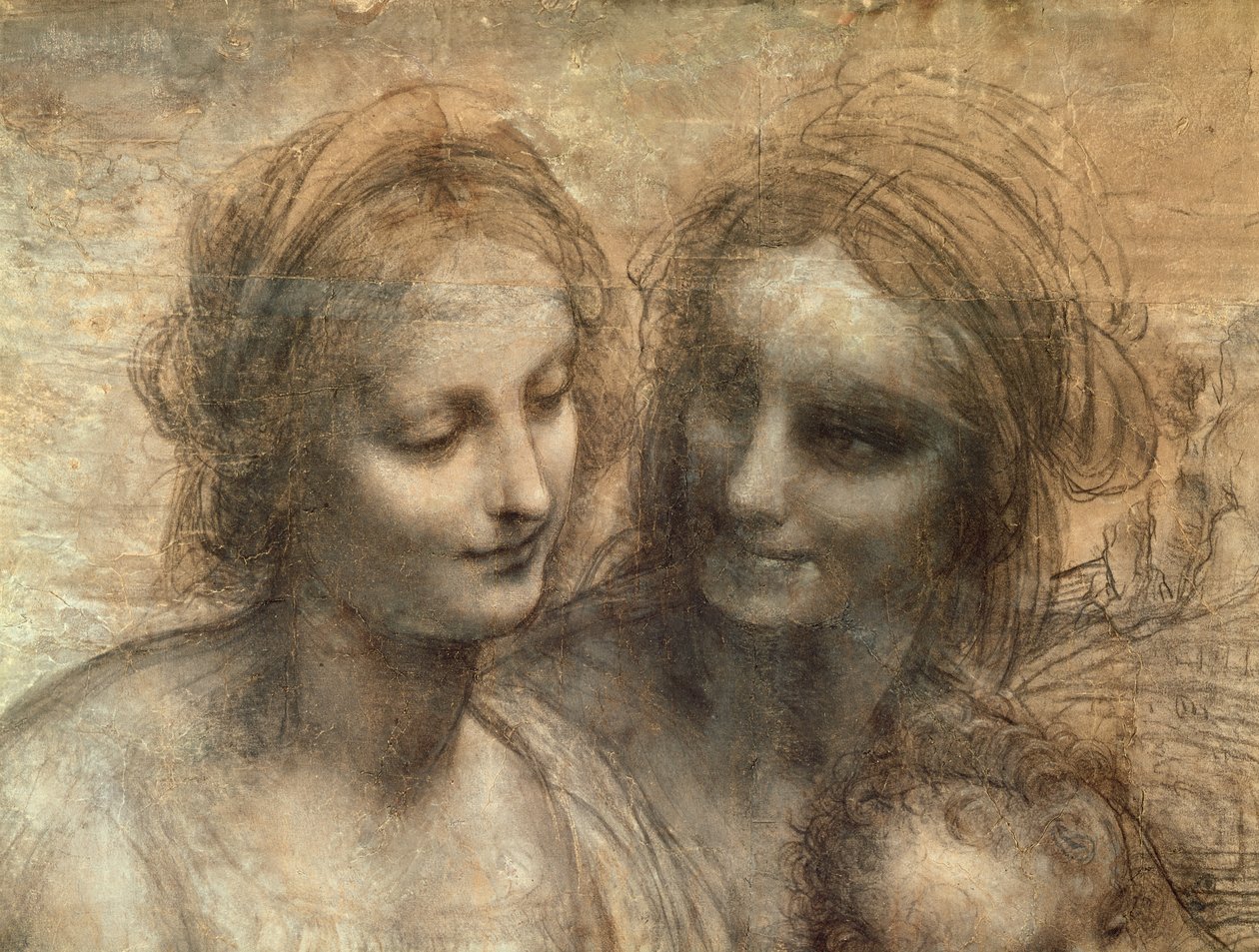 (detalle) de las Cabezas de la Virgen y Santa Ana, de La Virgen y el Niño con SS. Ana y Juan el Bautista, c.1499 de Leonardo da Vinci
