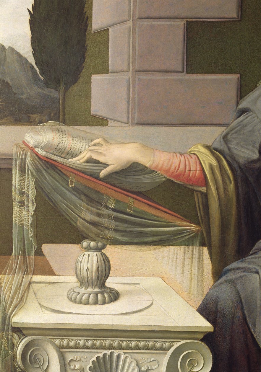 Detalle de la Virgen María, de la Anunciación (post restauración) de Leonardo da Vinci