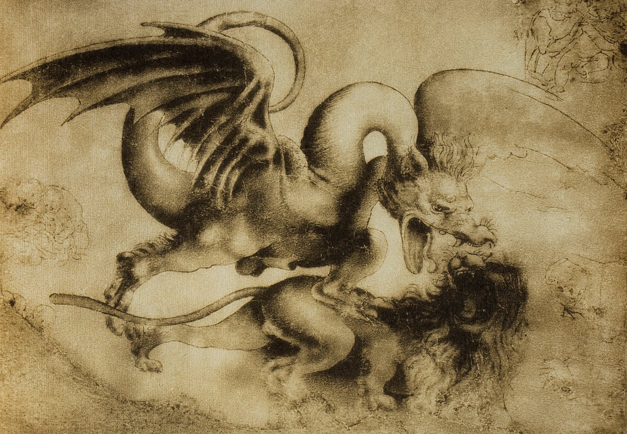 Dragón matando a un león, dibujo de Leonardo da Vinci. Gabinetto dei Disegni e Stampe, Galería Uffizi, Florencia de Leonardo da Vinci