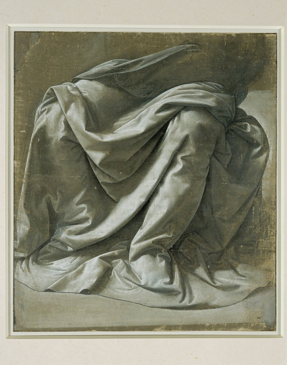 Drapeado para una figura sentada, pincel y témpera gris, reflejos blancos sobre lienzo de lino gris preparado ... de Leonardo da Vinci