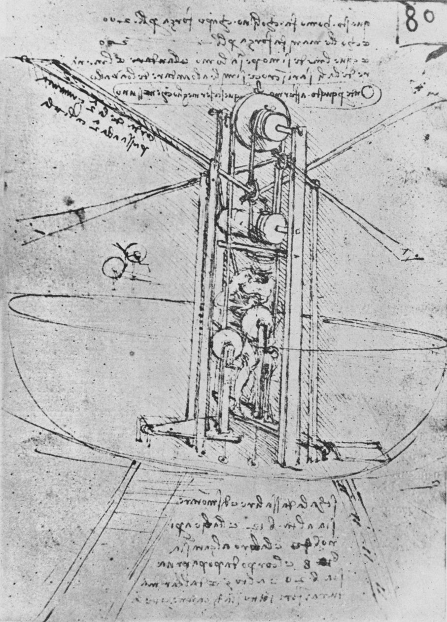 Dibujo de una Máquina Voladora con un Hombre Operándola, c1480 1945 de Leonardo da Vinci
