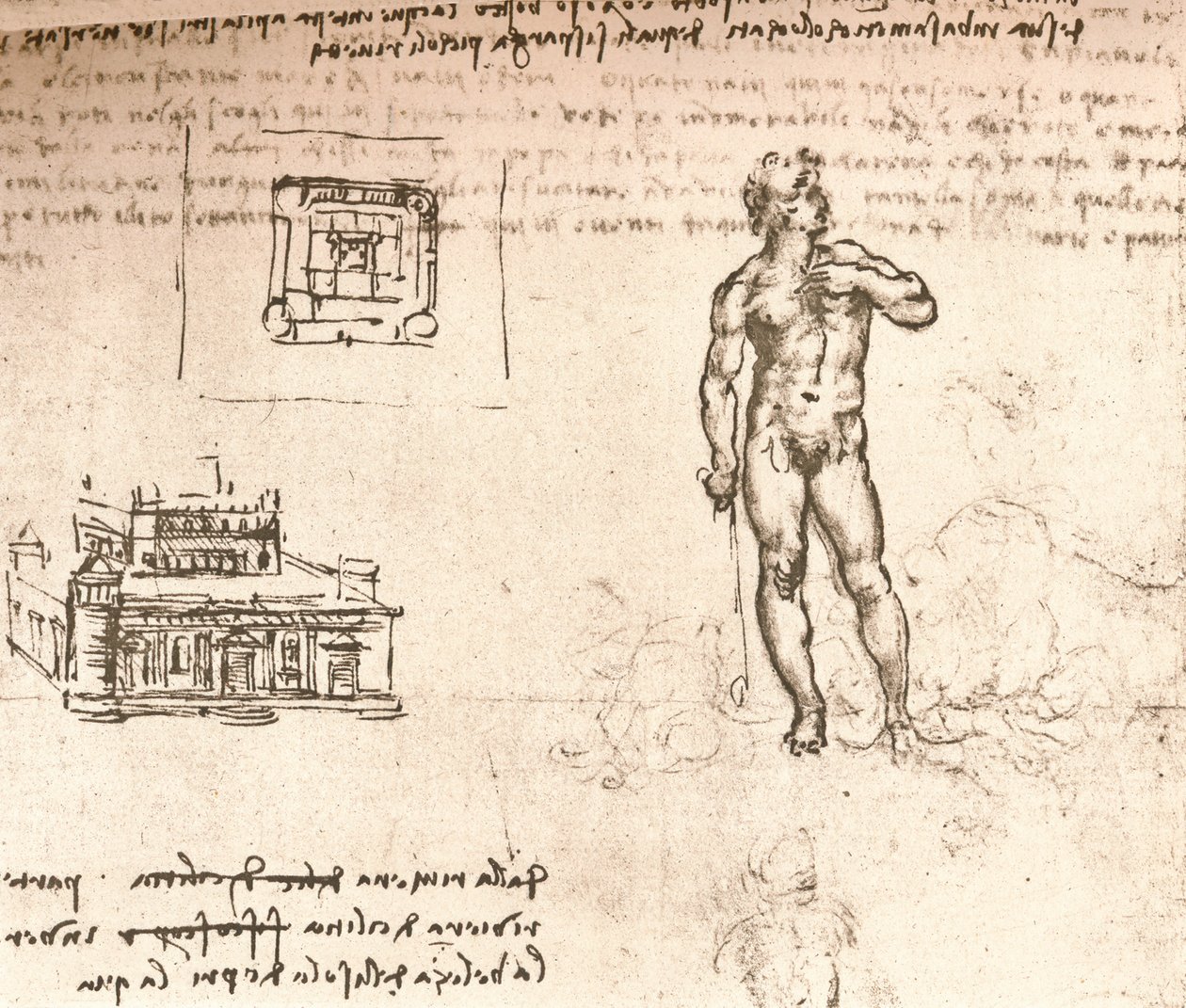 Dibujo de planos para un castillo y de una figura desnuda, lavado con tinta india, c1472-c1519 1883 de Leonardo da Vinci