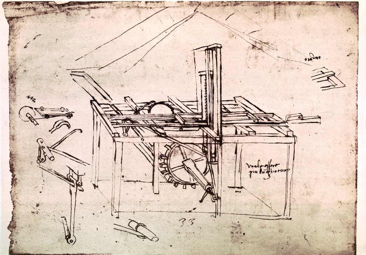 Extracto de un manuscrito de Da Vinci que describe el principio y la construcción de una "Sierra hidráulica con reenvío automático" (manuscrito) de Leonardo da Vinci