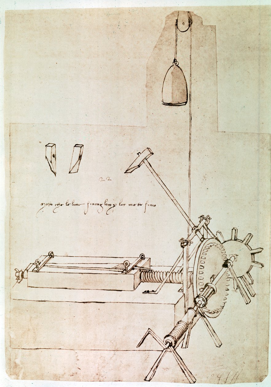 Extracto de un manuscrito de Da Vinci que describe el principio y la construcción de una "Máquina para sangrar limas" (manuscrito) de Leonardo da Vinci