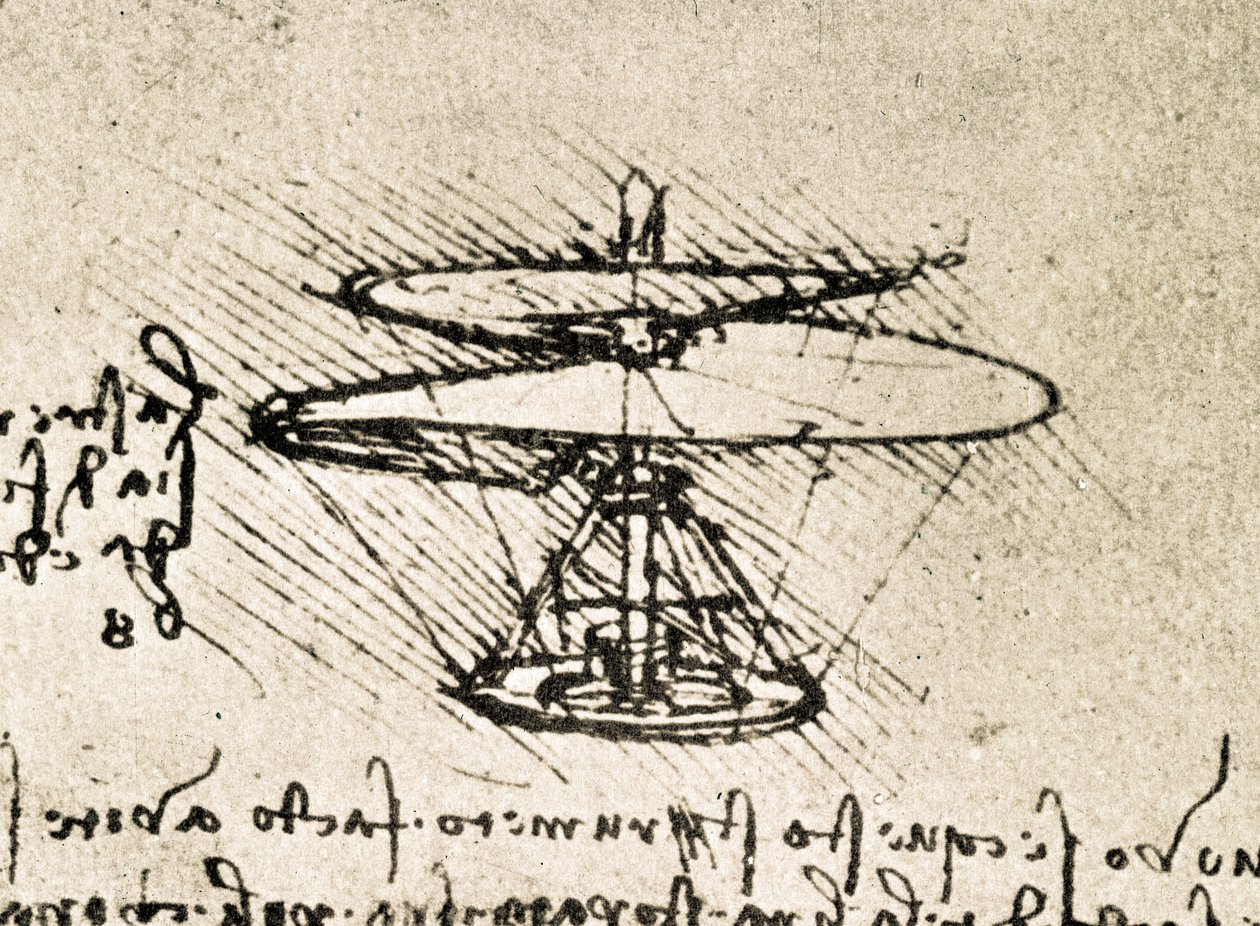 Extracto de un manuscrito de Da Vinci que describe el principio y la construcción del "Tornillo aéreo (helicóptero)" (manuscrito) de Leonardo da Vinci